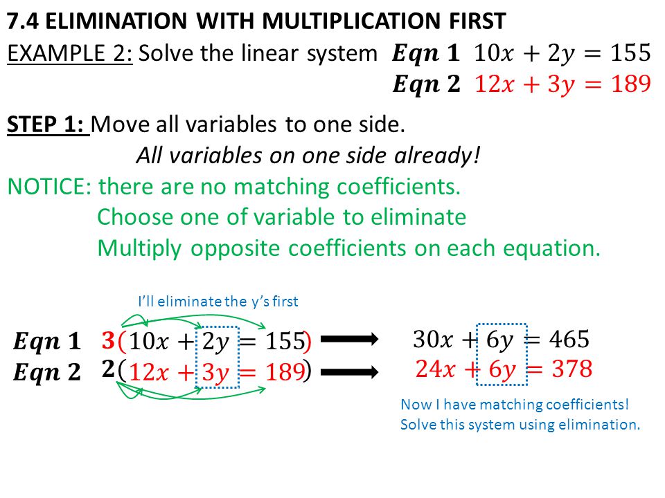 I’ll eliminate the y’s first Now I have matching coefficients! Solve this system using elimination.
