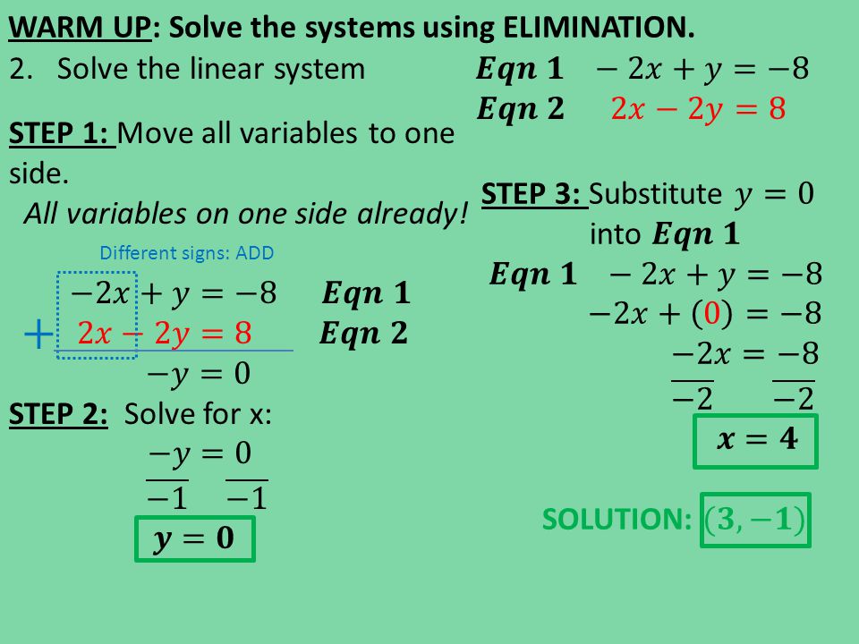 Different signs: ADD WARM UP: Solve the systems using ELIMINATION.