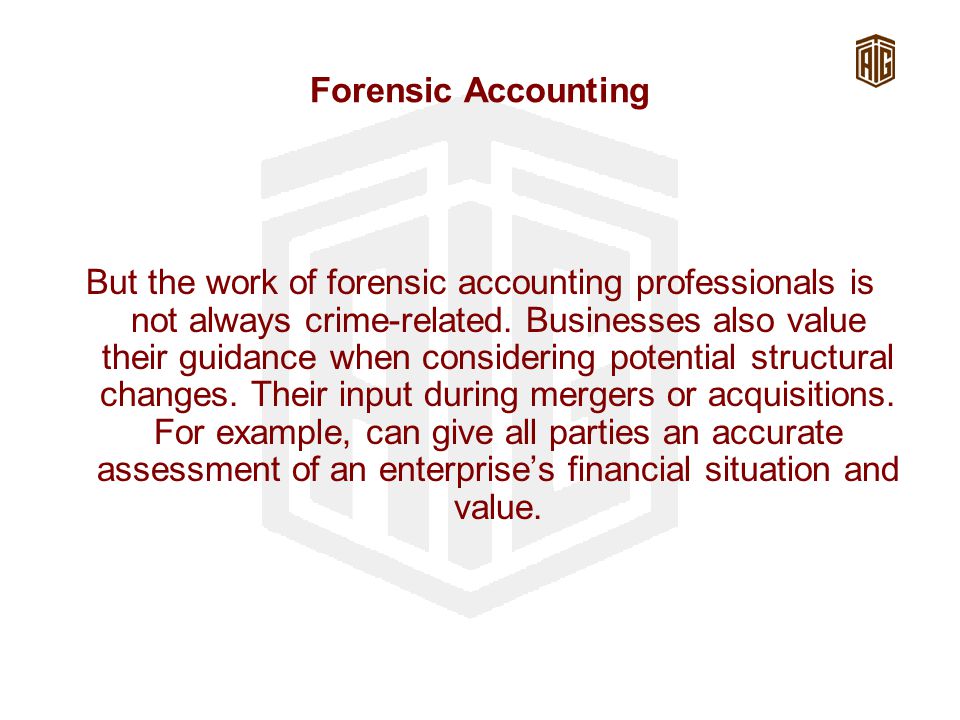 Forensic Accounting But the work of forensic accounting professionals is not always crime-related.