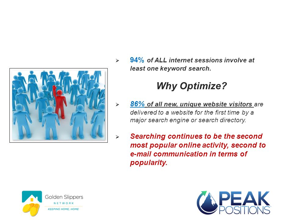 Optimize And They Will Come  94% of ALL internet sessions involve at least one keyword search.