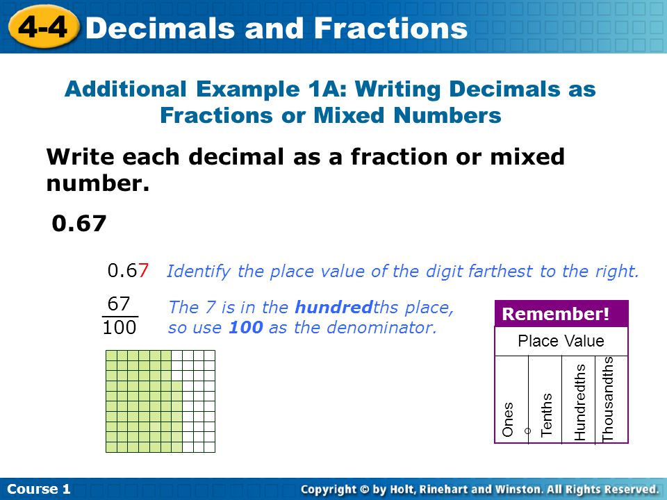 Course Decimals and Fractions Additional Example 1A: Writing Decimals as Fractions or Mixed Numbers Write each decimal as a fraction or mixed number.