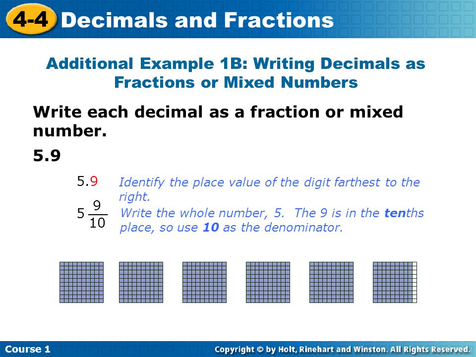 Course Decimals and Fractions Additional Example 1B: Writing Decimals as Fractions or Mixed Numbers Write each decimal as a fraction or mixed number.