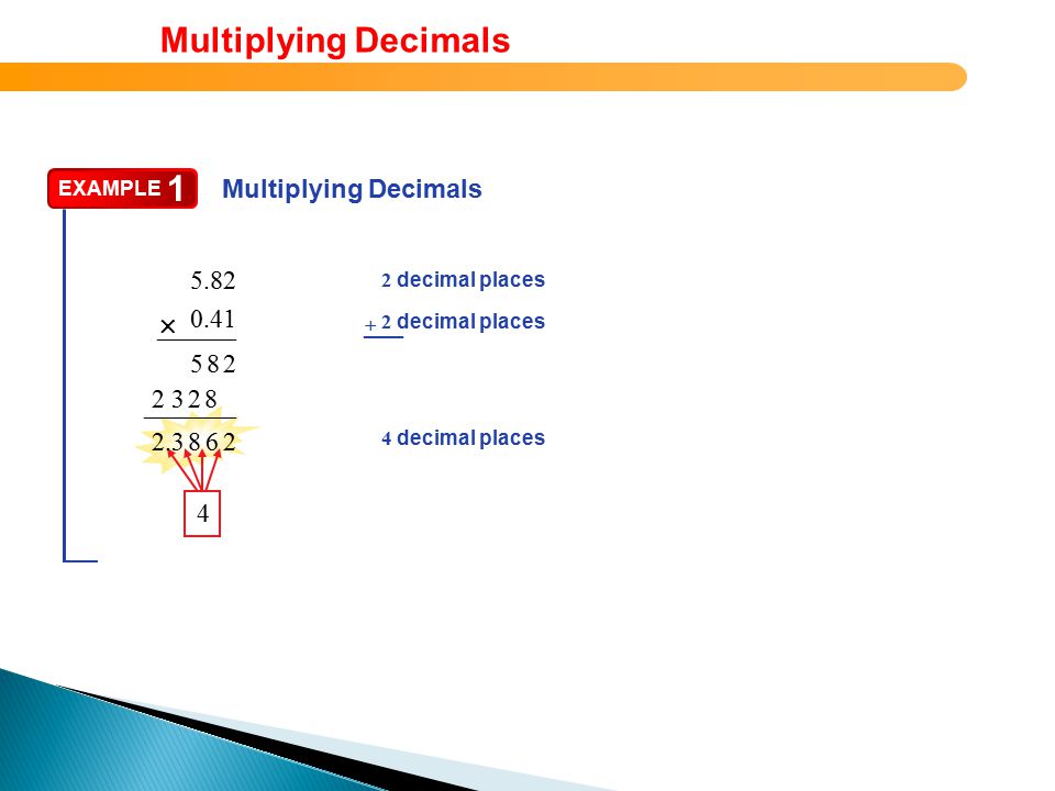 EXAMPLE 1 Multiplying Decimals decimal places decimal places ––– + ––––––  ––––––– 1234