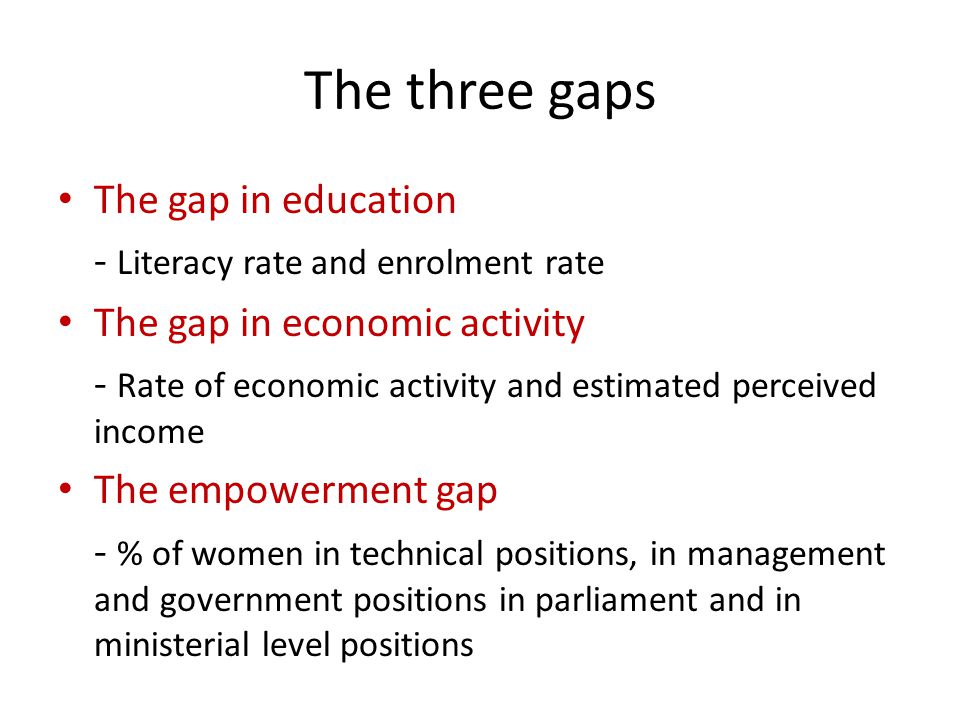 The three gaps The gap in education - Literacy rate and enrolment rate The gap in economic activity - Rate of economic activity and estimated perceived income The empowerment gap - % of women in technical positions, in management and government positions in parliament and in ministerial level positions