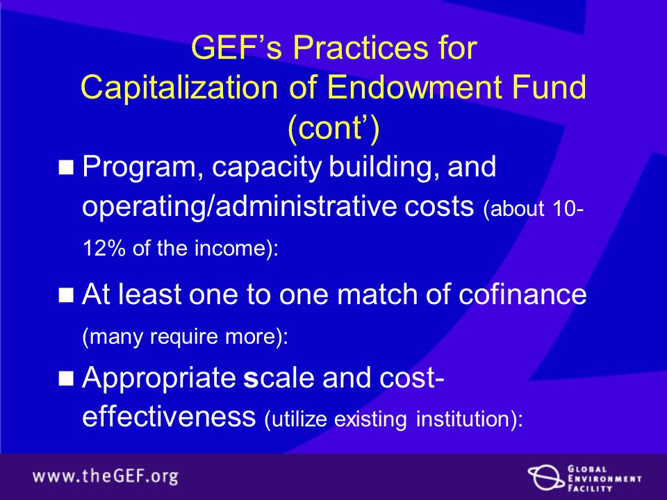 GEF’s Practices for Capitalization of Endowment Fund (cont’) Program, capacity building, and operating/administrative costs (about % of the income): At least one to one match of cofinance (many require more): Appropriate scale and cost- effectiveness (utilize existing institution):