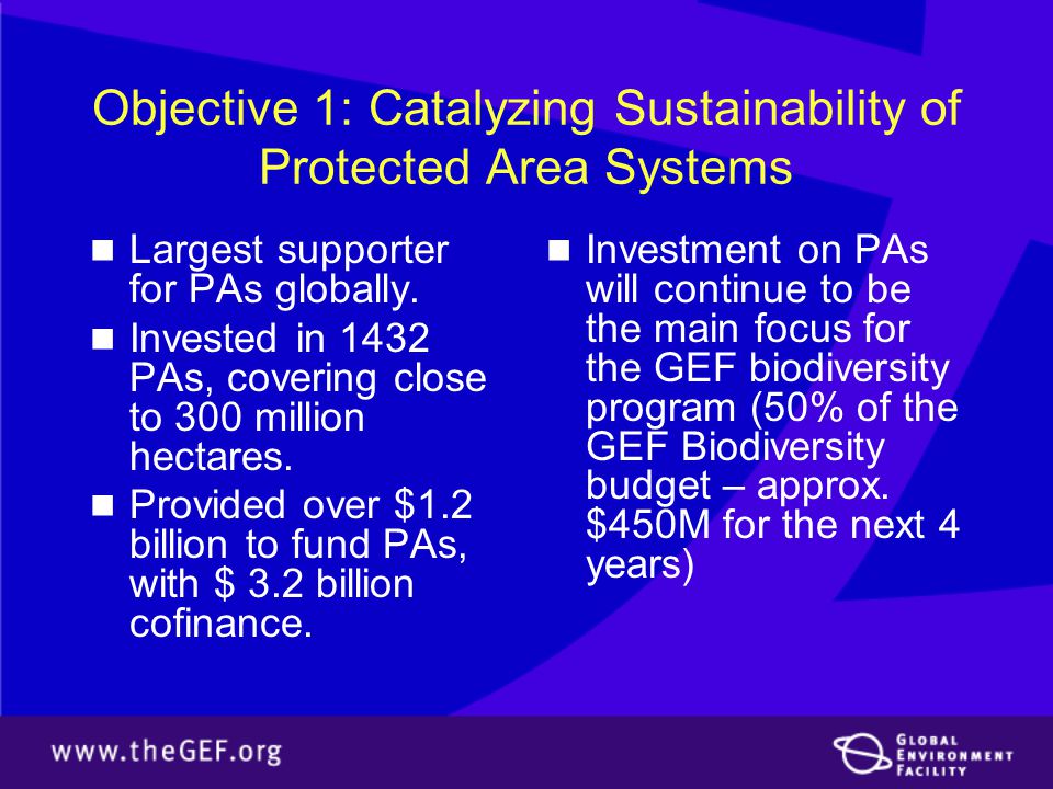 Objective 1: Catalyzing Sustainability of Protected Area Systems Largest supporter for PAs globally.