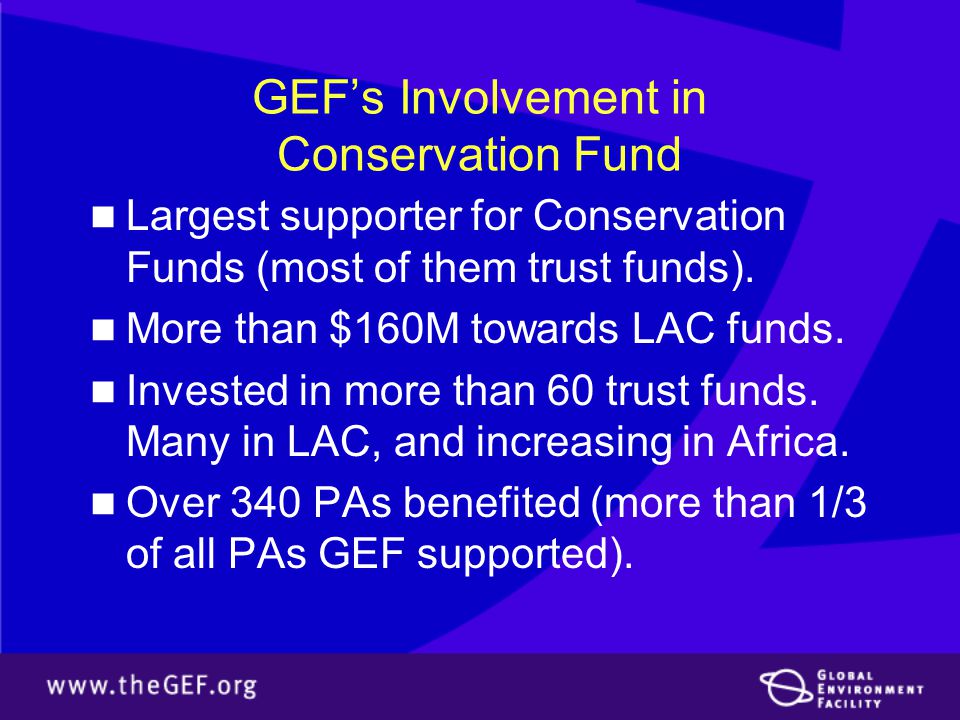 GEF’s Involvement in Conservation Fund Largest supporter for Conservation Funds (most of them trust funds).
