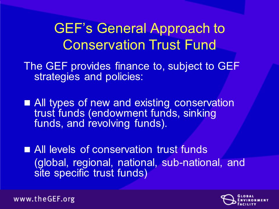 GEF’s General Approach to Conservation Trust Fund The GEF provides finance to, subject to GEF strategies and policies: All types of new and existing conservation trust funds (endowment funds, sinking funds, and revolving funds).