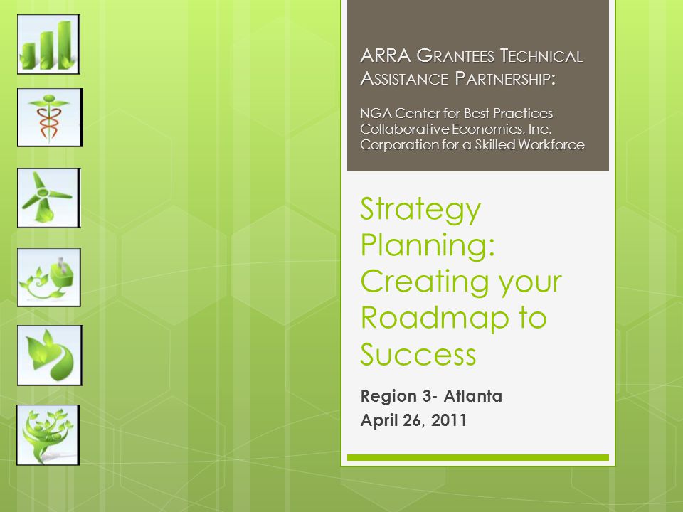 Strategy Planning: Creating your Roadmap to Success Region 3- Atlanta April 26, 2011 ARRA G RANTEES T ECHNICAL A SSISTANCE P ARTNERSHIP : NGA Center for Best Practices Collaborative Economics, Inc.