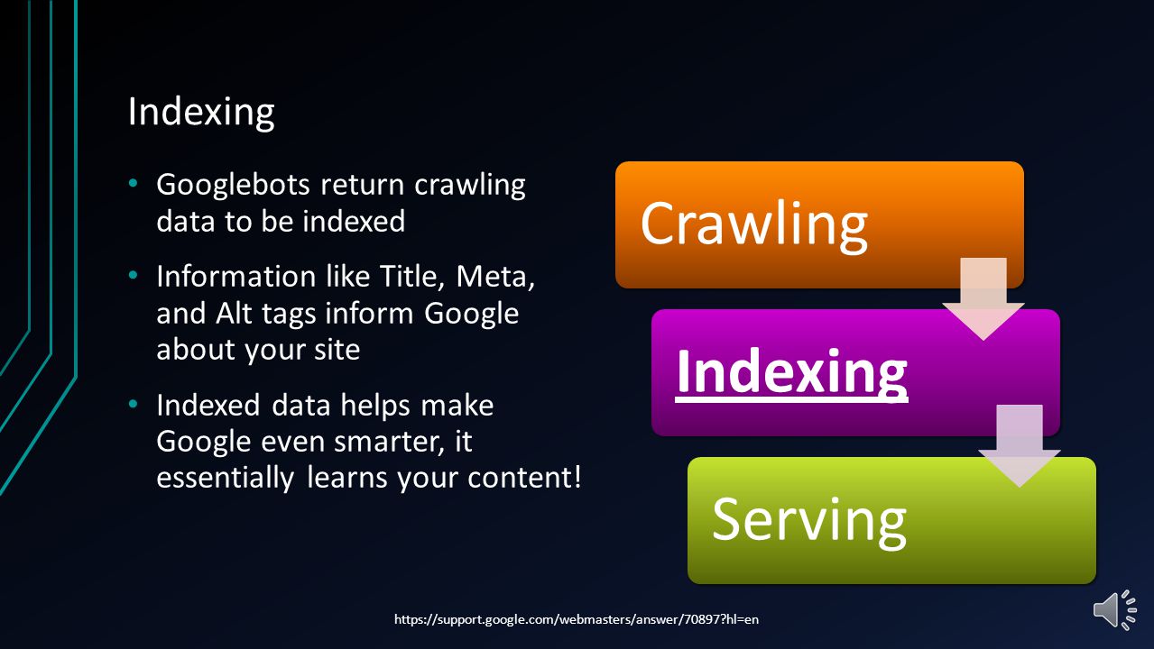 Crawling Googlebots follow relevance algorithms at random These bots crawl the pages, links, and content You want to construct your site so Googlebots and other search engine spiders can easily crawl through the links and return few pathway errors CrawlingIndexingServing   hl=en
