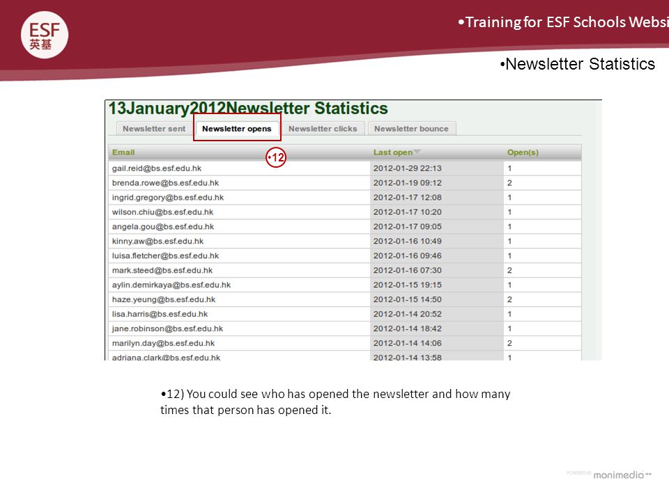 Training for ESF Schools Website Newsletter Statistics 12) You could see who has opened the newsletter and how many times that person has opened it.