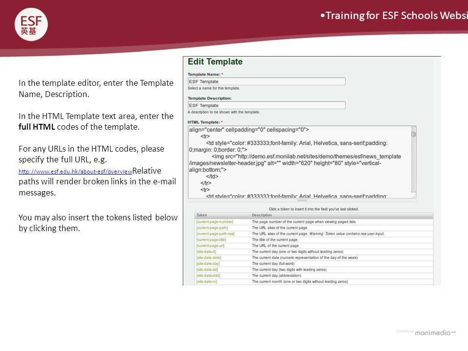 Training for ESF Schools Website In the template editor, enter the Template Name, Description.