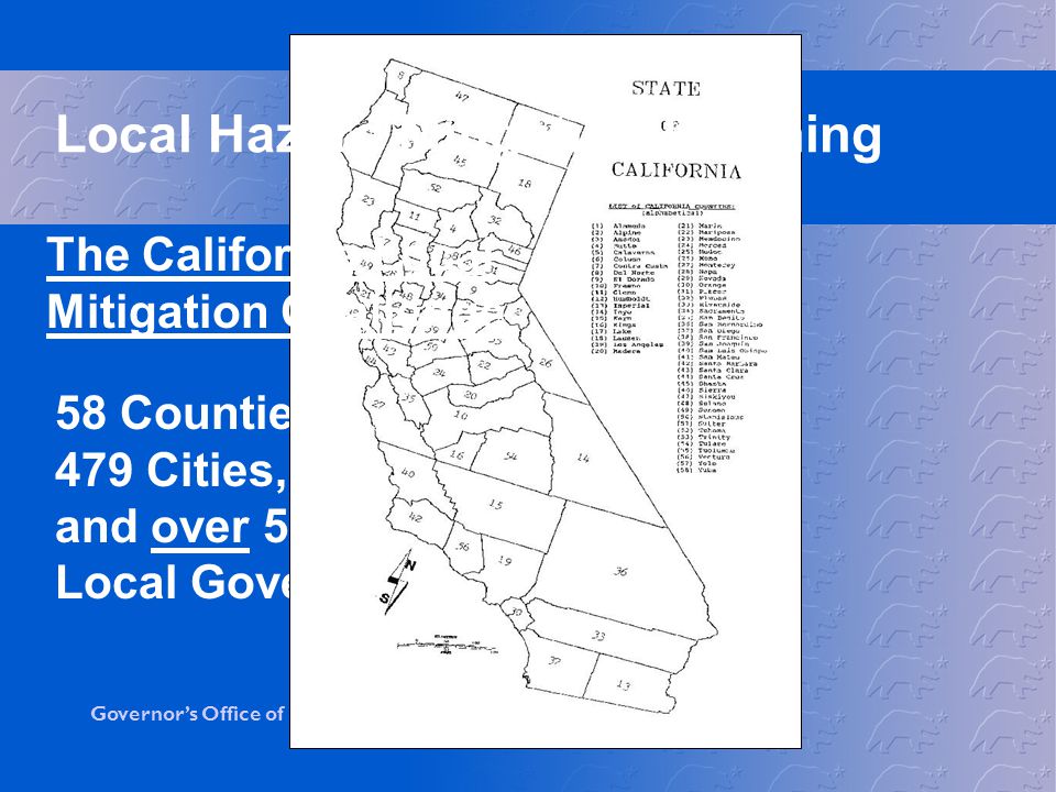 Governor’s Office of Emergency Services 58 Counties, 479 Cities, and over 5000 Local Governments The California Local Mitigation Challenge Local Hazard Mitigation Planning