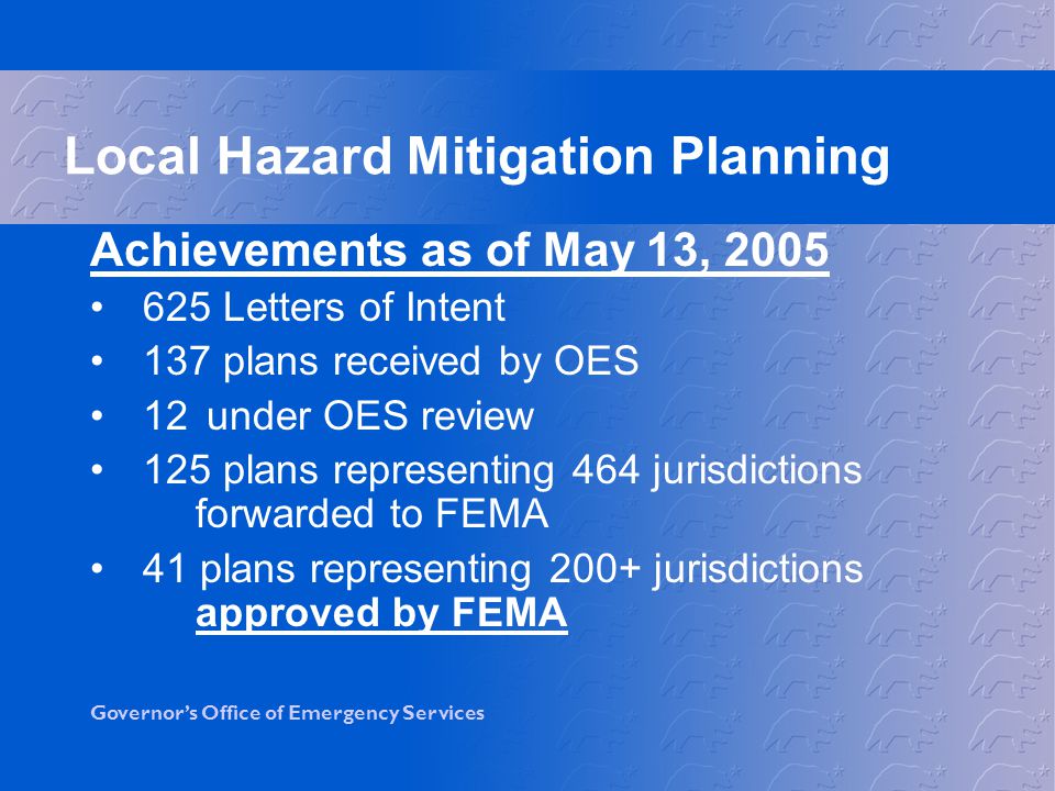 Governor’s Office of Emergency Services Achievements as of May 13, Letters of Intent 137 plans received by OES 12 under OES review 125 plans representing 464 jurisdictions forwarded to FEMA 41 plans representing 200+ jurisdictions approved by FEMA Local Hazard Mitigation Planning