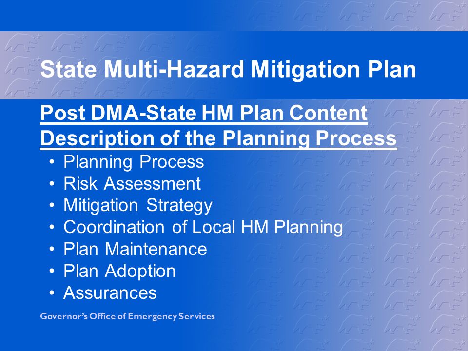 Governor’s Office of Emergency Services Post DMA-State HM Plan Content Description of the Planning Process Planning Process Risk Assessment Mitigation Strategy Coordination of Local HM Planning Plan Maintenance Plan Adoption Assurances State Multi-Hazard Mitigation Plan