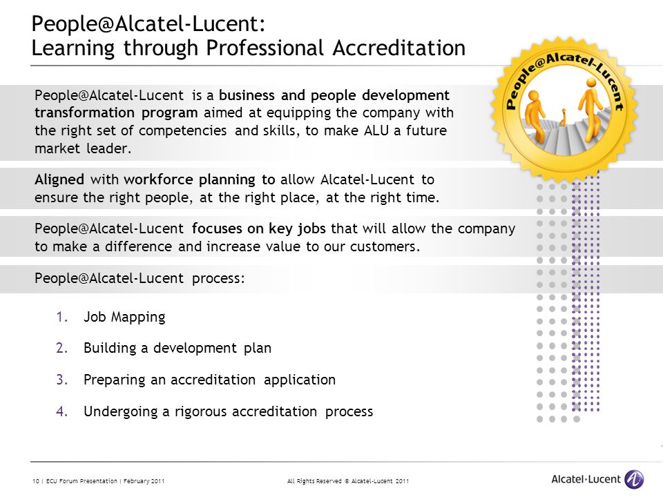 All Rights Reserved © Alcatel-Lucent | ECU Forum Presentation | February 2011 Learning through Professional Accreditation is a business and people development transformation program aimed at equipping the company with the right set of competencies and skills, to make ALU a future market leader.