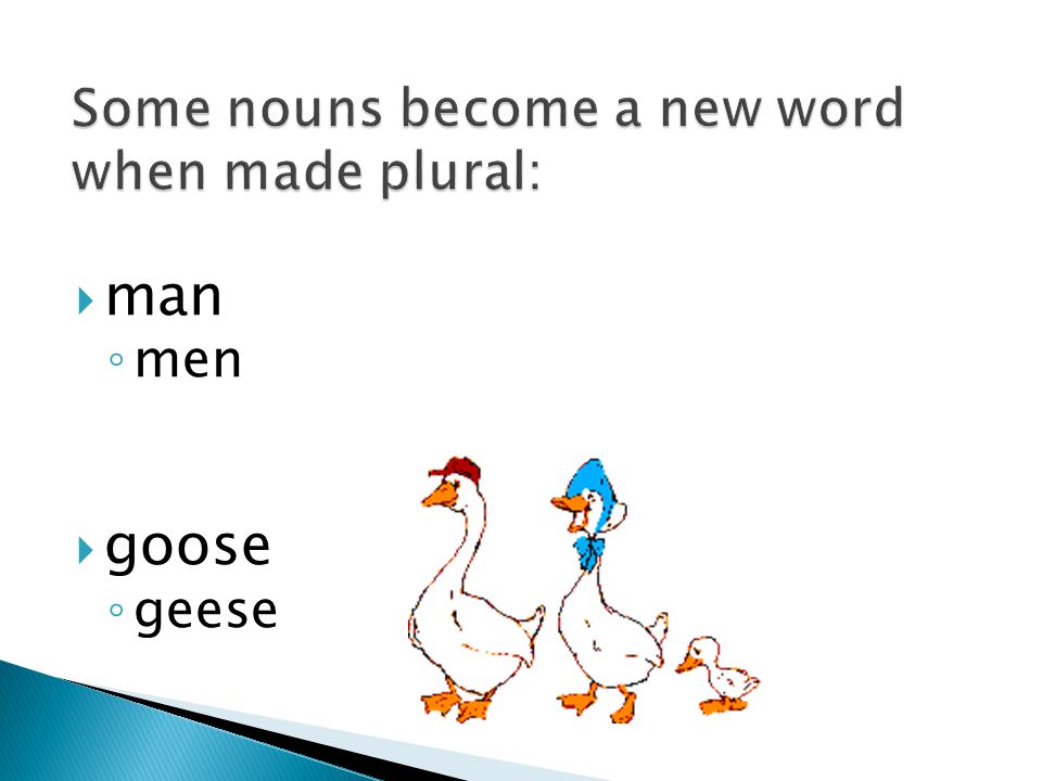  man ◦ men  goose ◦ geese