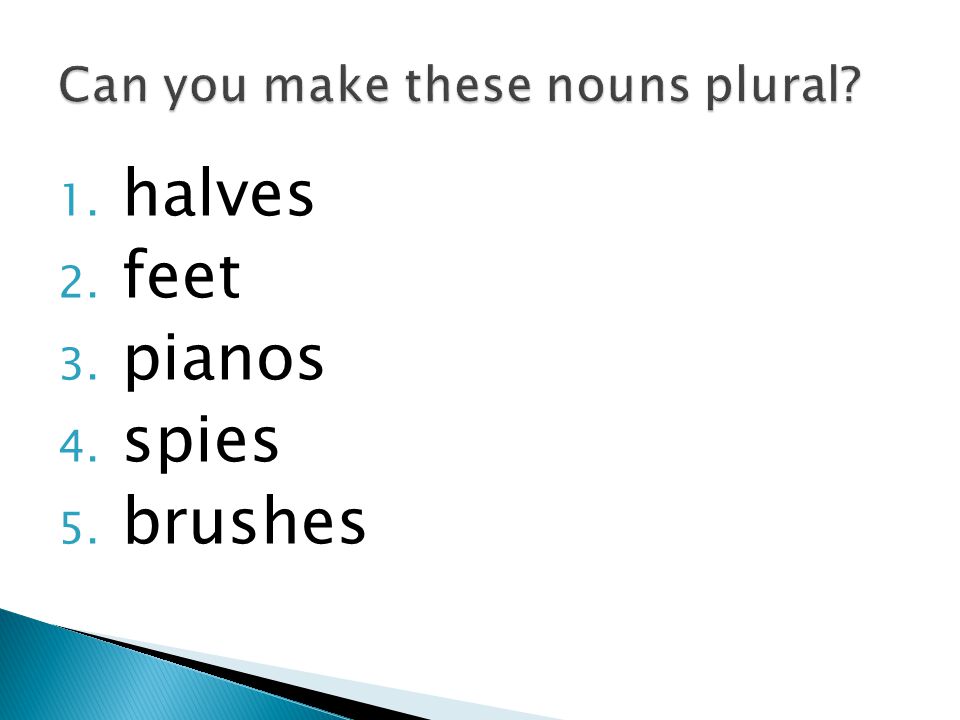 1. halves 2. feet 3. pianos 4. spies 5. brushes
