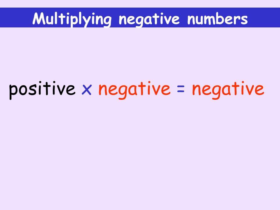 Multiplying negative numbers positive x negative = negative