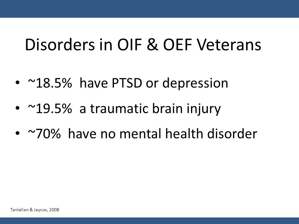 Disorders in OIF & OEF Veterans ~18.5% have PTSD or depression ~19.5% a traumatic brain injury ~70% have no mental health disorder Tanielian & Jaycox, 2008