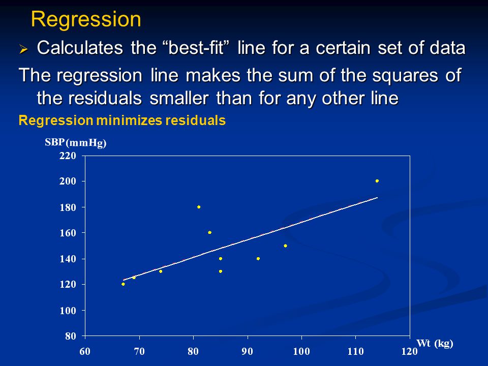 Regression  Calculates the best-fit line for a certain set of data The regression line makes the sum of the squares of the residuals smaller than for any other line Regression minimizes residuals