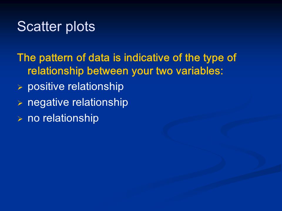 Scatter plots The pattern of data is indicative of the type of relationship between your two variables:   positive relationship   negative relationship   no relationship