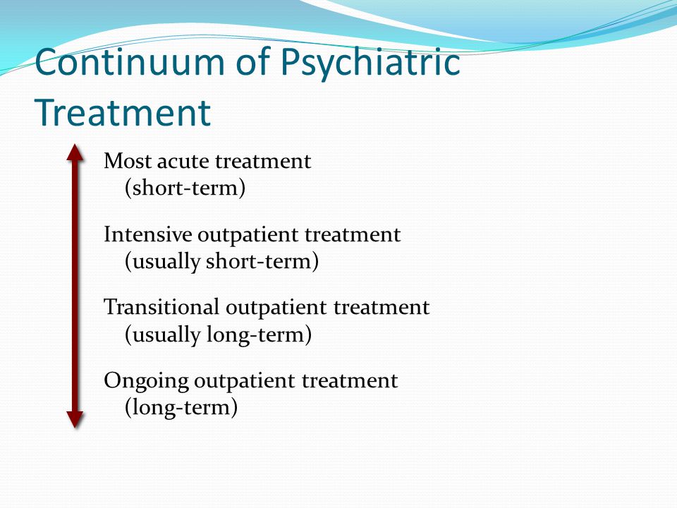 Continuum of Psychiatric Treatment Most acute treatment (short-term) Intensive outpatient treatment (usually short-term) Transitional outpatient treatment (usually long-term) Ongoing outpatient treatment (long-term)