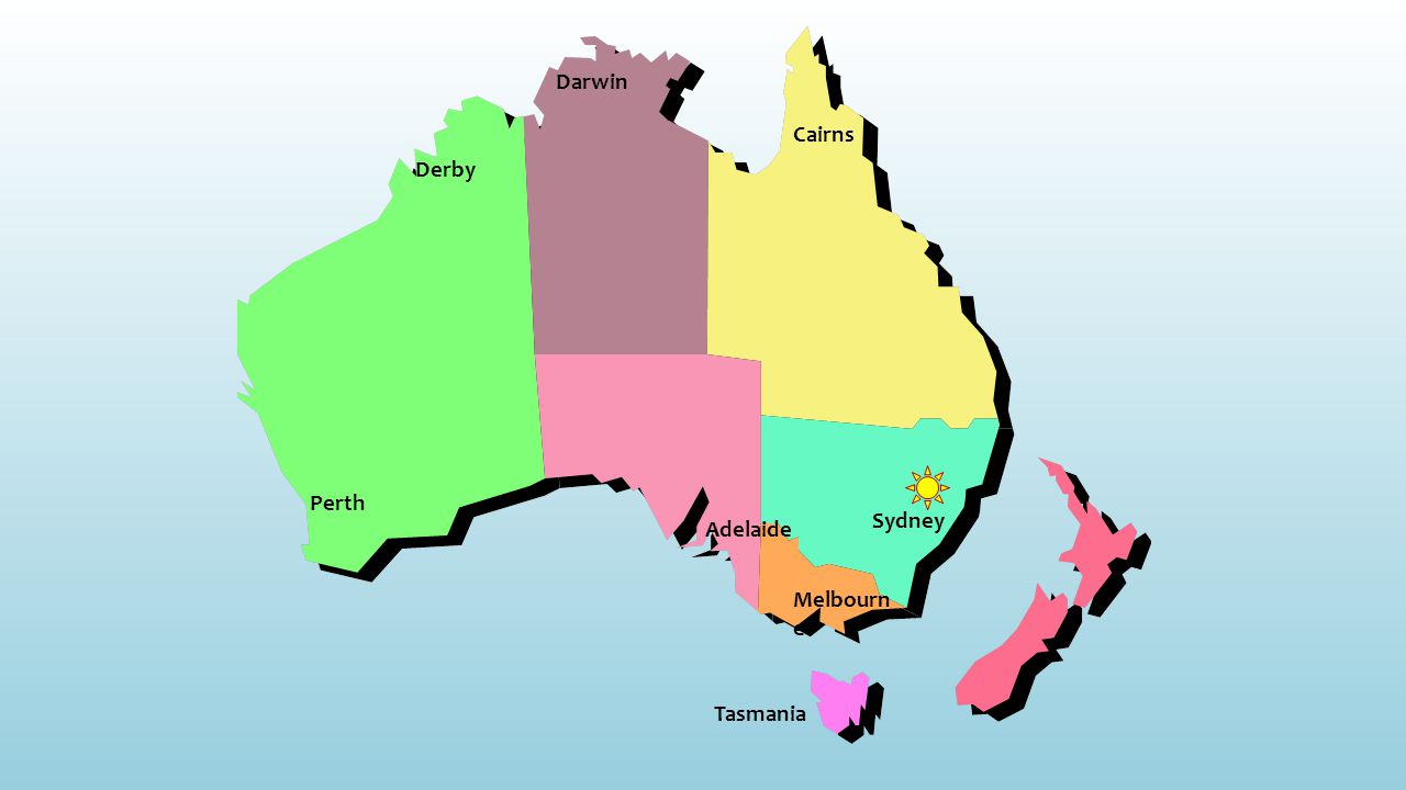 Tasmania Melbourn e Sydney Adelaide Cairns Perth Darwin Derby