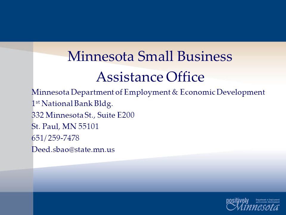Minnesota Small Business Assistance Office Minnesota Department of Employment & Economic Development 1 st National Bank Bldg.