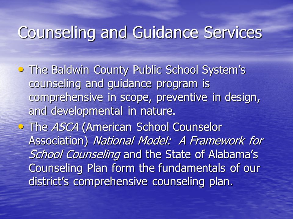 Counseling and Guidance Services The Baldwin County Public School System’s counseling and guidance program is comprehensive in scope, preventive in design, and developmental in nature.
