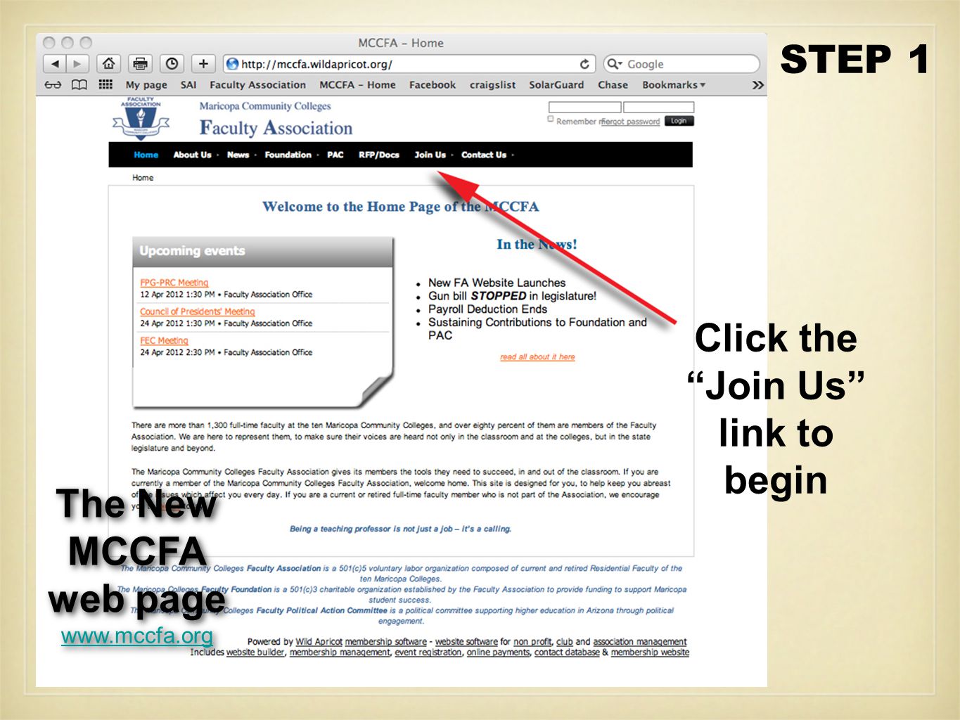 The New MCCFA web page   The New MCCFA web page   Click the Join Us link to begin STEP 1