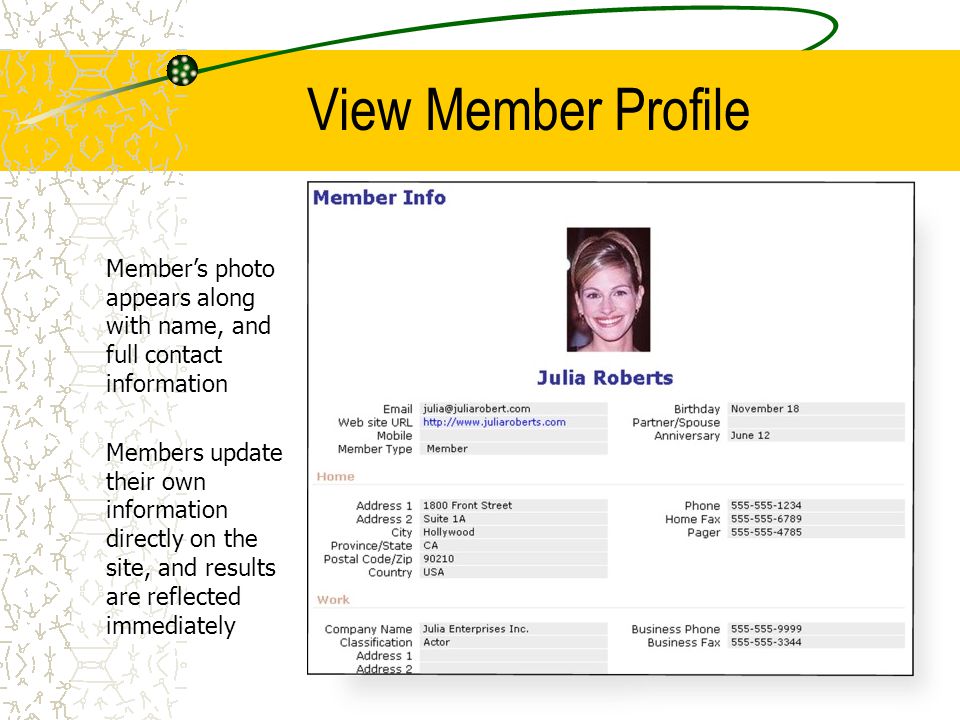 View Member Profile Member’s photo appears along with name, and full contact information Members update their own information directly on the site, and results are reflected immediately