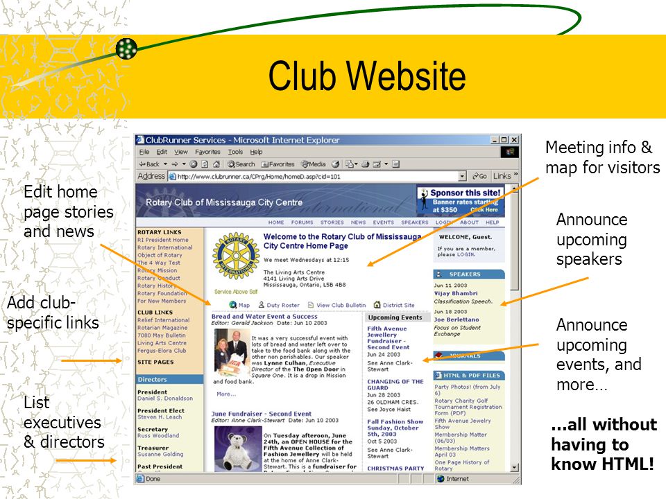 Club Website Announce upcoming speakers Add club- specific links Edit home page stories and news Meeting info & map for visitors Announce upcoming events, and more… List executives & directors …all without having to know HTML!