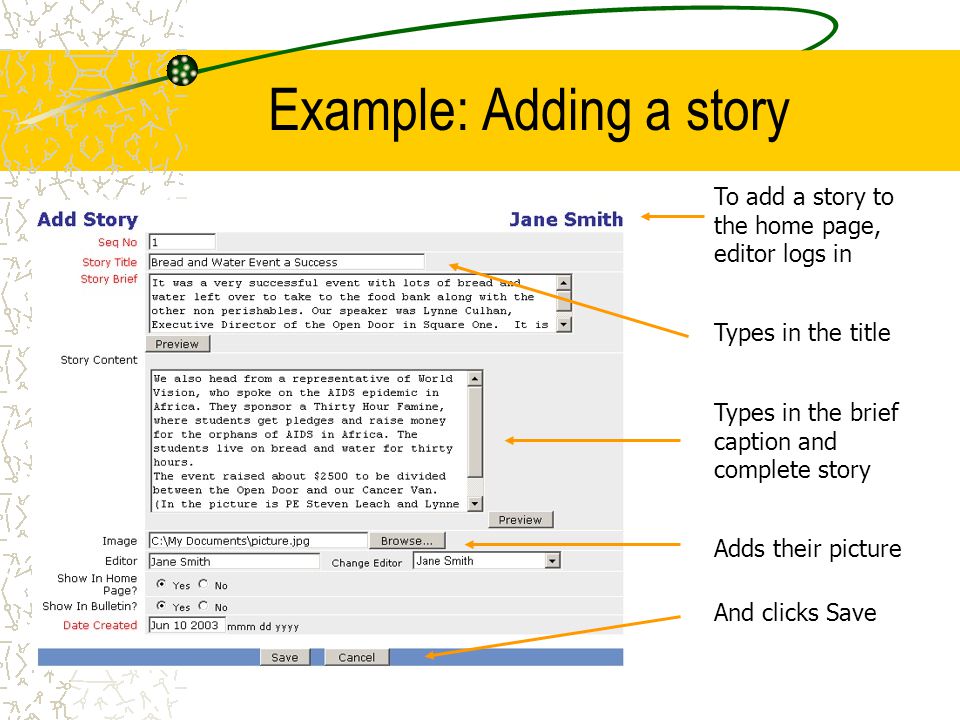 Example: Adding a story To add a story to the home page, editor logs in Types in the title Adds their picture And clicks Save Types in the brief caption and complete story