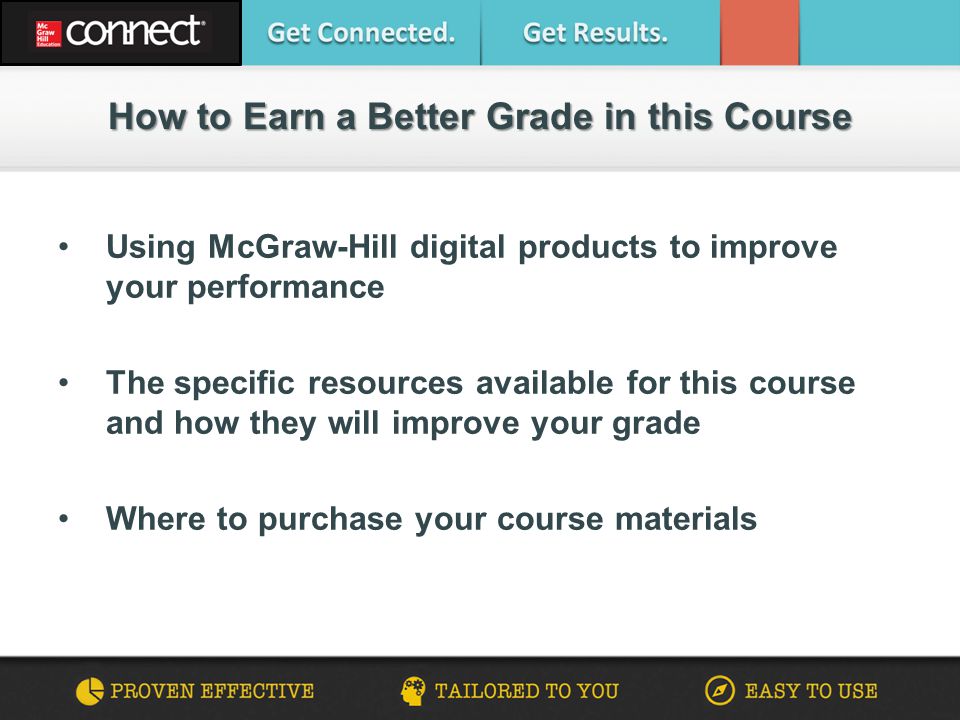 Using McGraw-Hill digital products to improve your performance The specific resources available for this course and how they will improve your grade Where to purchase your course materials How to Earn a Better Grade in this Course