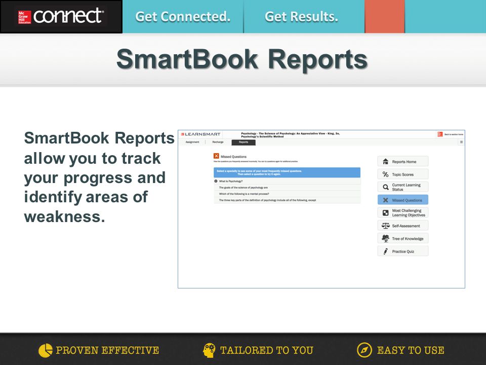 SmartBook Reports allow you to track your progress and identify areas of weakness.