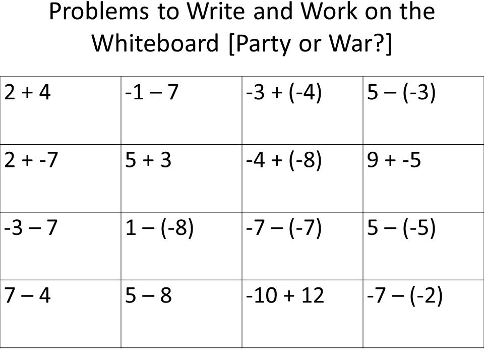 Problems to Write and Work on the Whiteboard [Party or War ] – (-4)5 – (-3) (-8) – 71 – (-8)-7 – (-7)5 – (-5) 7 – 4 5 – – (-2)