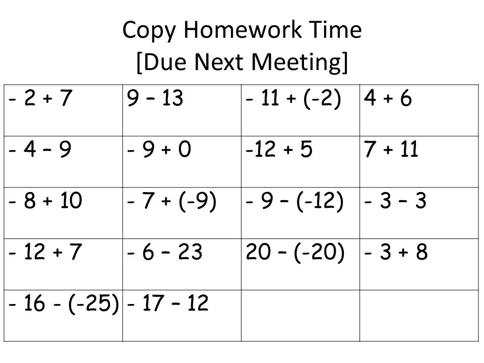 Copy Homework Time [Due Next Meeting] – (-2) – (-9)- 9 – (-12)- 3 – – 2320 – (-20) (-25)- 17 – 12