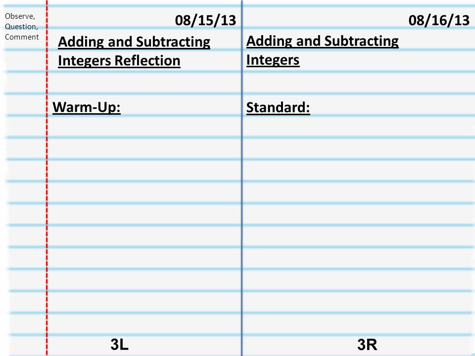 Adding and Subtracting Integers 3R 3L Adding and Subtracting Integers Reflection Observe, Question, Comment 08/16/1308/15/13 Warm-Up: Standard: