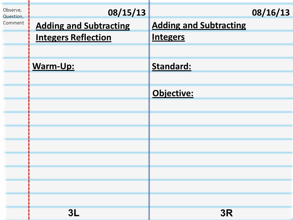 Adding and Subtracting Integers 3R 3L Adding and Subtracting Integers Reflection Observe, Question, Comment 08/16/1308/15/13 Warm-Up: Standard: Objective: