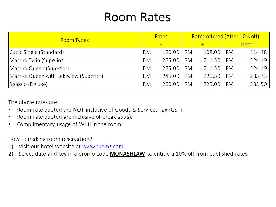 Room Rates The above rates are: Room rate quoted are NOT inclusive of Goods & Services Tax (GST).