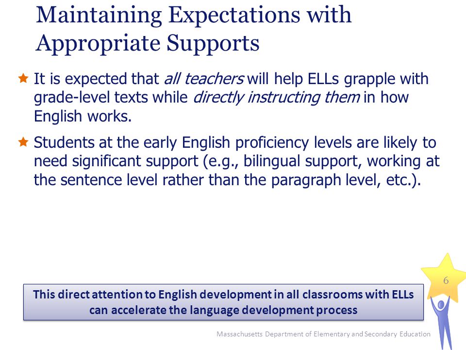 Maintaining Expectations with Appropriate Supports  It is expected that all teachers will help ELLs grapple with grade-level texts while directly instructing them in how English works.
