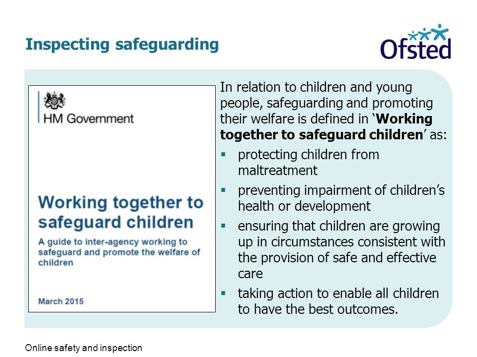 Inspecting safeguarding Online safety and inspection In relation to children and young people, safeguarding and promoting their welfare is defined in ‘Working together to safeguard children’ as:  protecting children from maltreatment  preventing impairment of children’s health or development  ensuring that children are growing up in circumstances consistent with the provision of safe and effective care  taking action to enable all children to have the best outcomes.