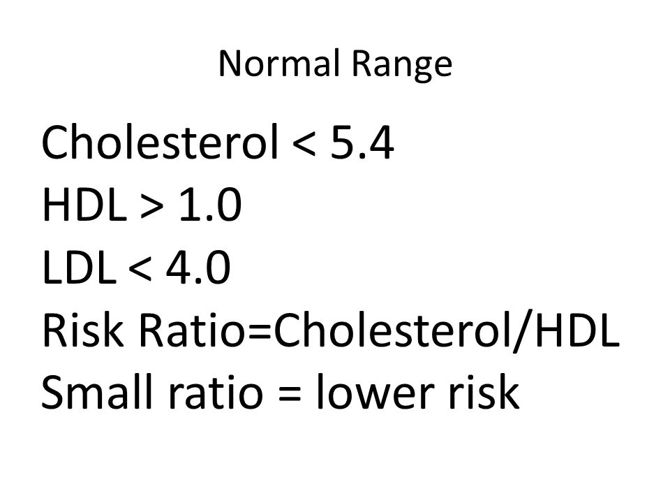 Normal Range Cholesterol < 5.4 HDL > 1.0 LDL < 4.0 Risk Ratio=Cholesterol/HDL Small ratio = lower risk