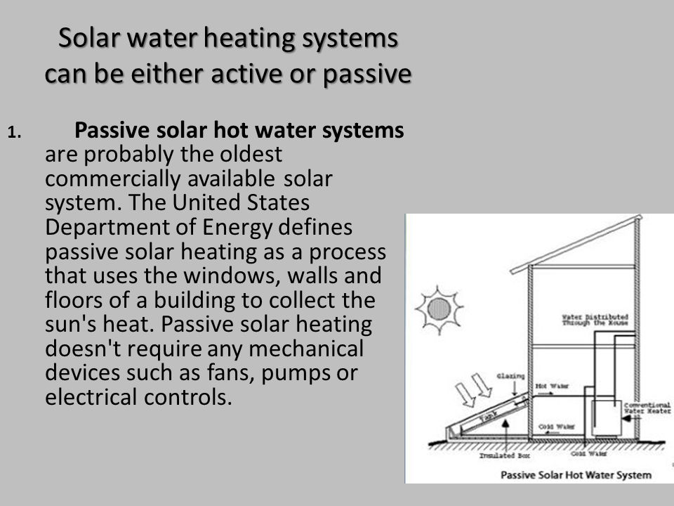Solar water heating systems can be either active or passive Solar water heating systems can be either active or passive 1.