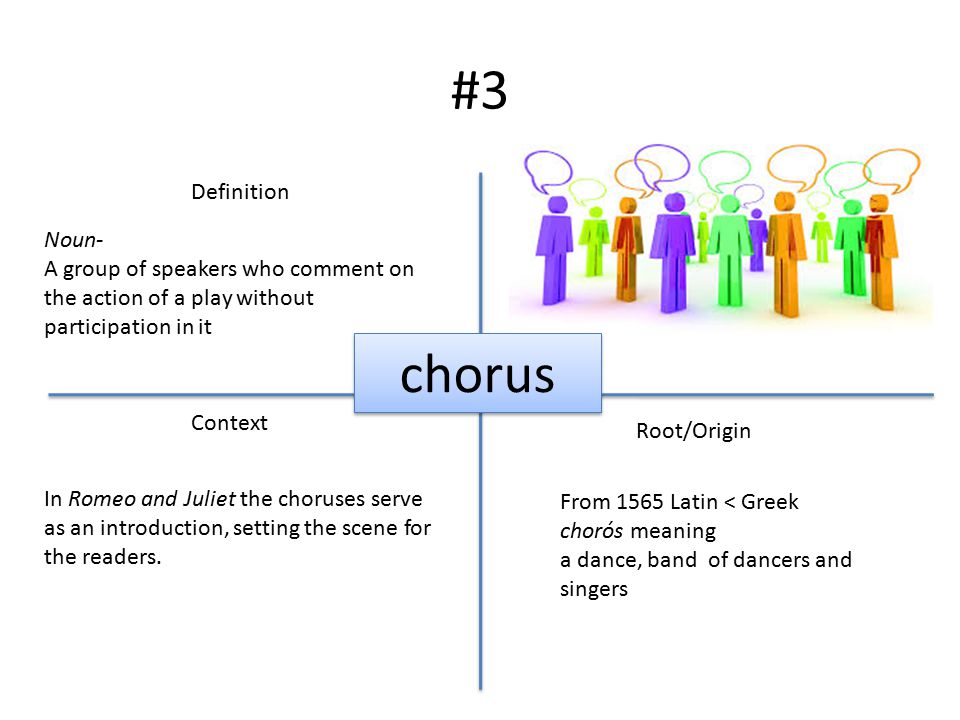 #3 Definition Context Root/Origin chorus Noun- A group of speakers who comment on the action of a play without participation in it In Romeo and Juliet the choruses serve as an introduction, setting the scene for the readers.