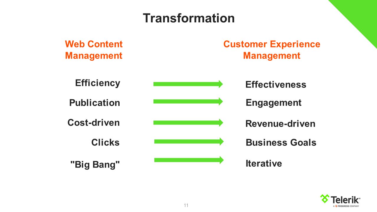 11 Efficiency Publication Cost-driven Clicks Big Bang Effectiveness Engagement Revenue-driven Business Goals Iterative Web Content Management Customer Experience Management Transformation