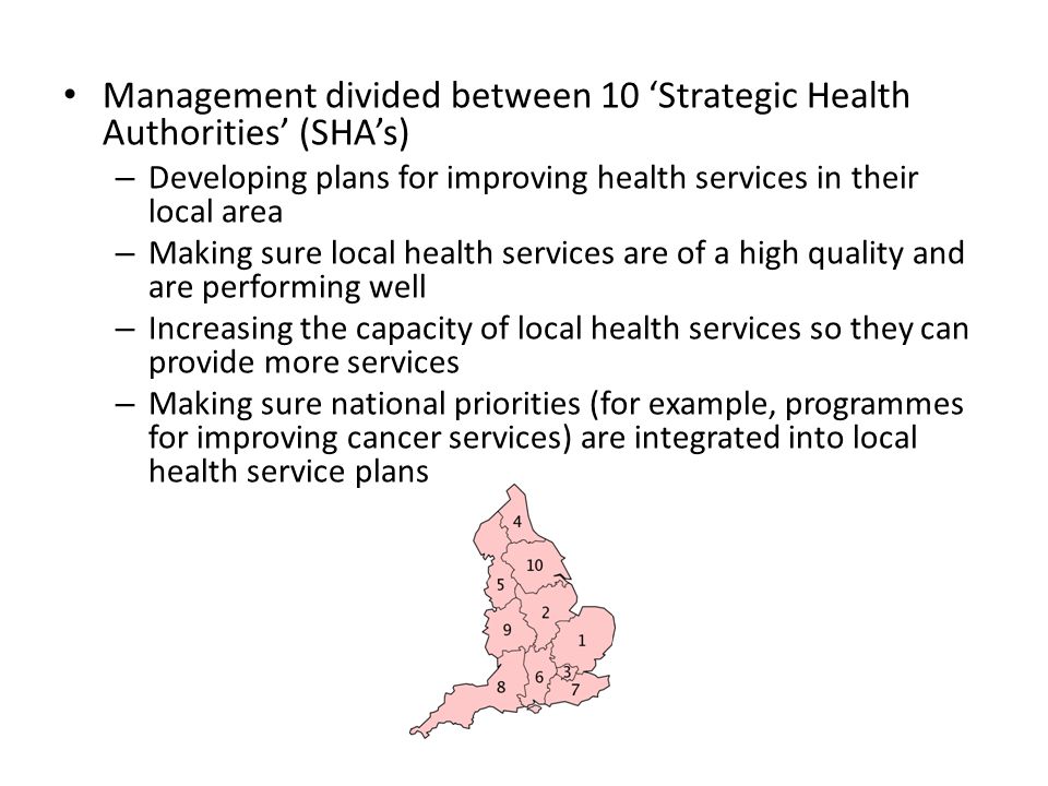 Management divided between 10 ‘Strategic Health Authorities’ (SHA’s) – Developing plans for improving health services in their local area – Making sure local health services are of a high quality and are performing well – Increasing the capacity of local health services so they can provide more services – Making sure national priorities (for example, programmes for improving cancer services) are integrated into local health service plans