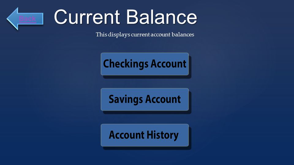 Current Balance This displays current account balances Back