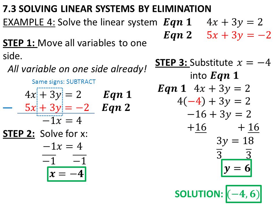 7.3 SOLVING LINEAR SYSTEMS BY ELIMINATION Same signs: SUBTRACT